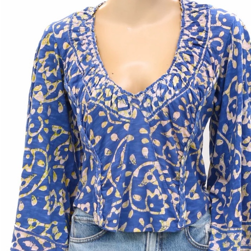 Free People On The Block Blue Printed Top Shirt Wide Sleeves